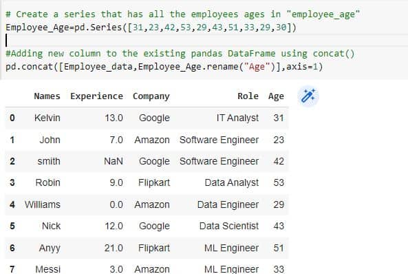agregue una nueva columna al marco de datos de pandas existente usando concat